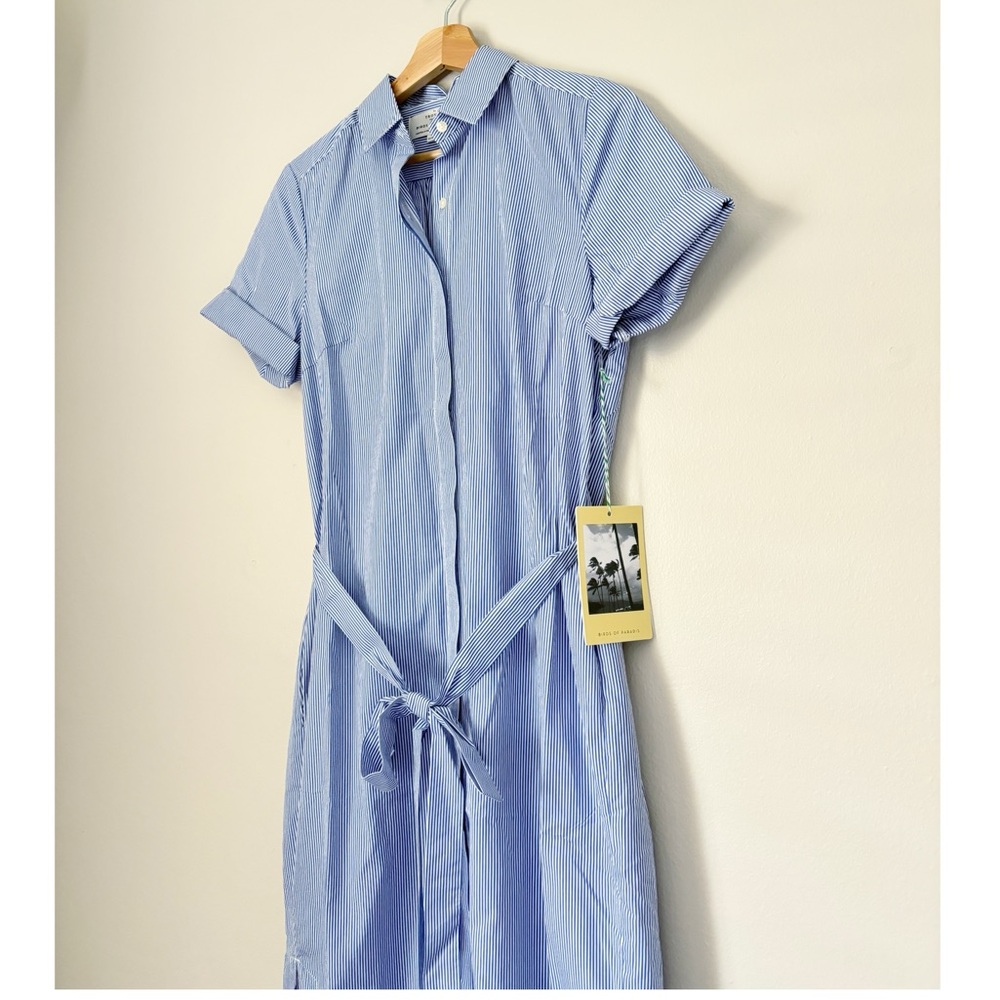 Trovata Birds of Paradis Blue Poplin Coastal Style Belted Midi Shirt Dress